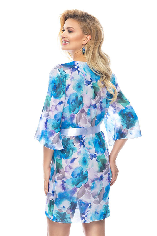 Back view of the Luxury Irall Floral Chiffon Bathrobe with Satin Belt and 3/4 Sleeves - Women's Elegant Loungewear, highlighting the intricate floral patterns and satin tie detail.