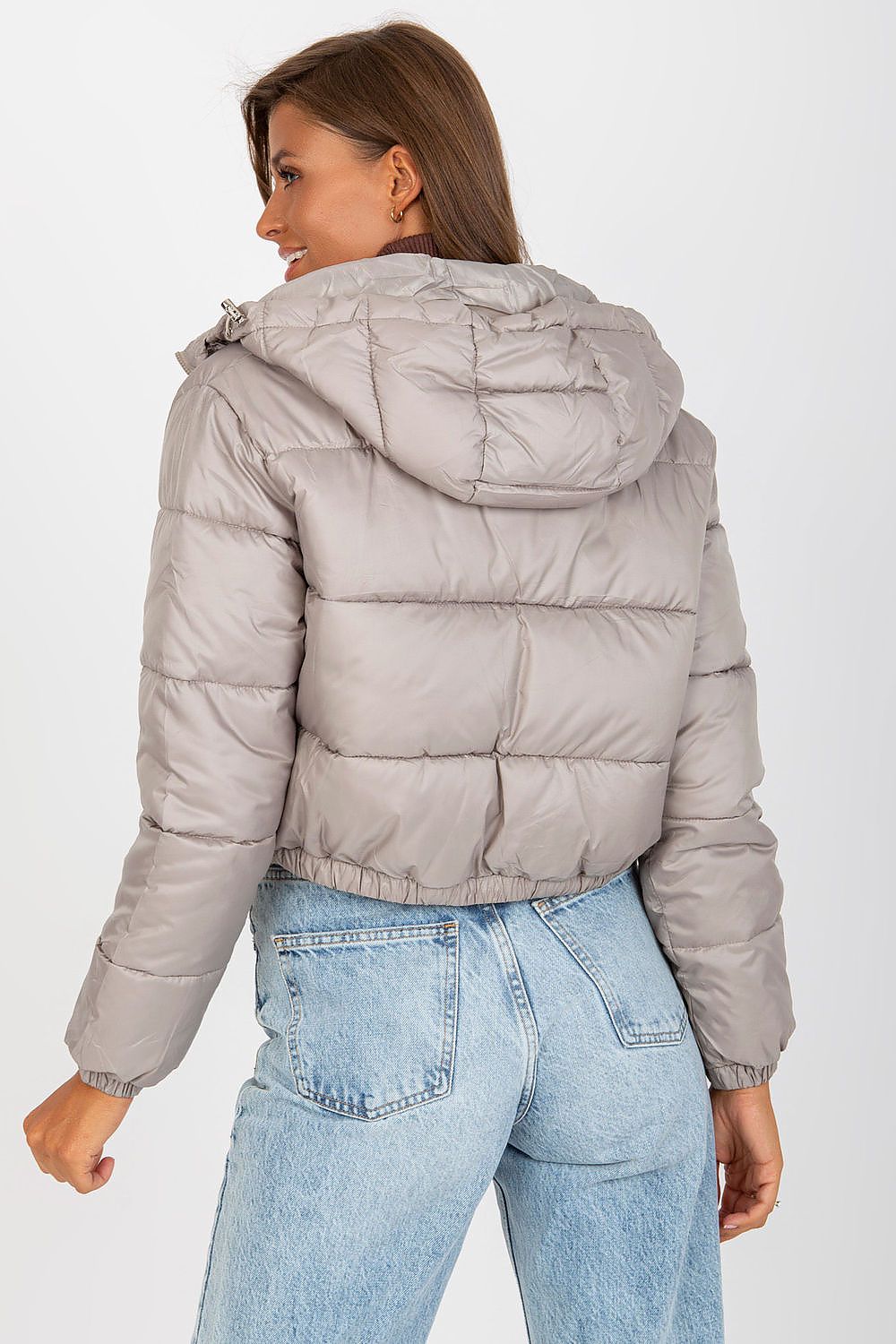 Luxury Women's Down Quilted Jacket with Detachable Hood and Zippered Pockets, showcasing the back view of the grey version, featuring a short quilted design, accentuating style and warmth.