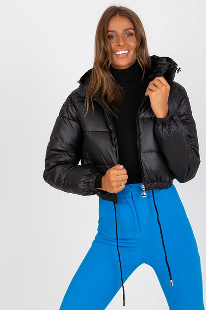 Luxury Women's Down Quilted Jacket with Detachable Hood and Zippered Pockets, presented in chic black, highlighting the front view and stylish fit, perfect for a fashionable winter look.