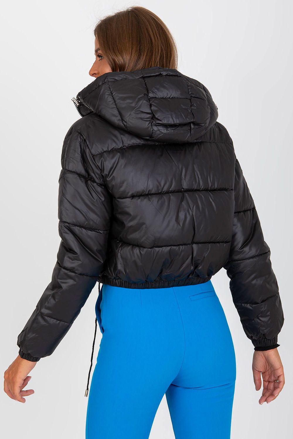 Luxury Women's Down Quilted Jacket with Detachable Hood and Zippered Pockets, featured in black, highlighting the back view, perfect for combining style with functionality.