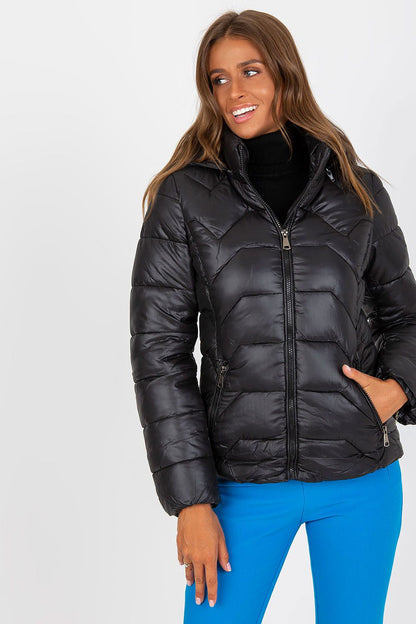 Luxury Women’s Down Quilted Jacket with Detachable Hood and Zippered Pockets - NM, showcasing a model wearing a stylish black quilted jacket with long sleeves, expertly tailored for a chic look.