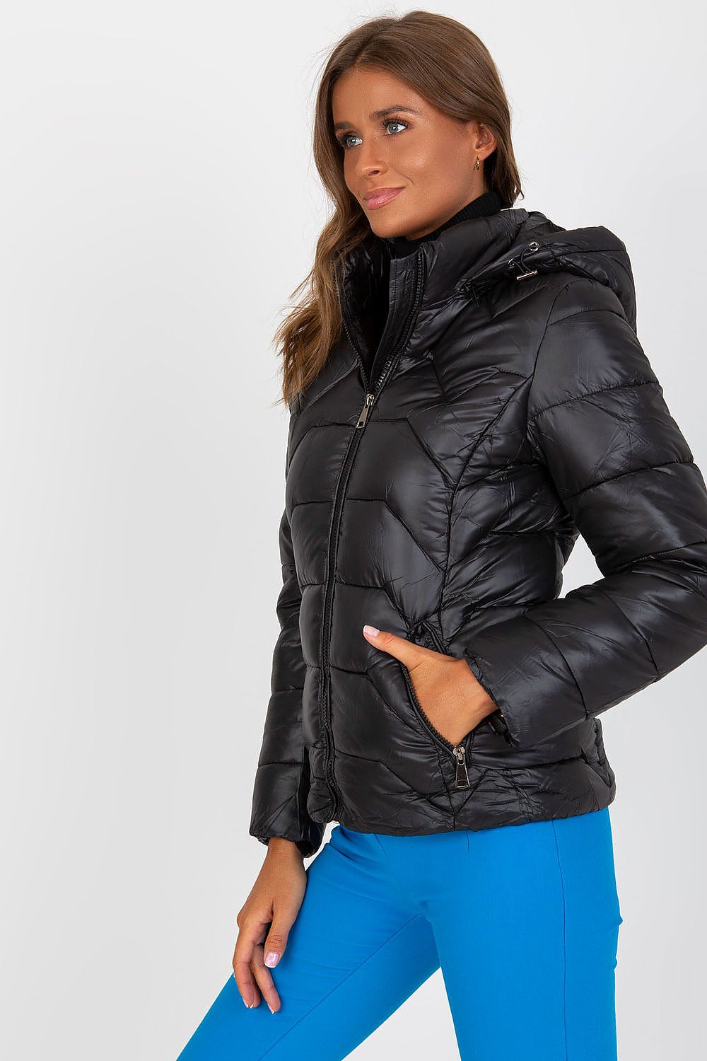 Luxury Women’s Down Quilted Jacket with Detachable Hood and Zippered Pockets - NM, featuring a model elegantly posing in a black puffer jacket with a detachable hood and zippered pockets, perfect for luxury winter fashion.
