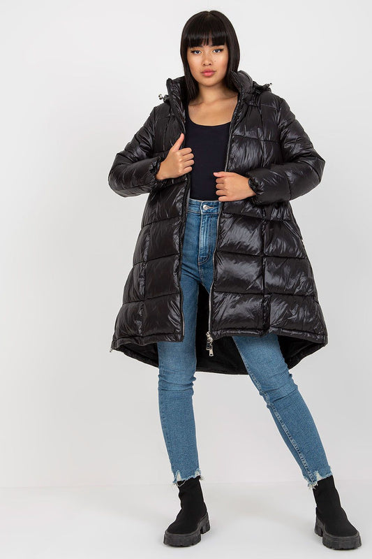 Stunning Women's Quilted Nylon Coat with Detachable Hood and Zippered Pockets, worn by a model, highlighting sophisticated outerwear design.