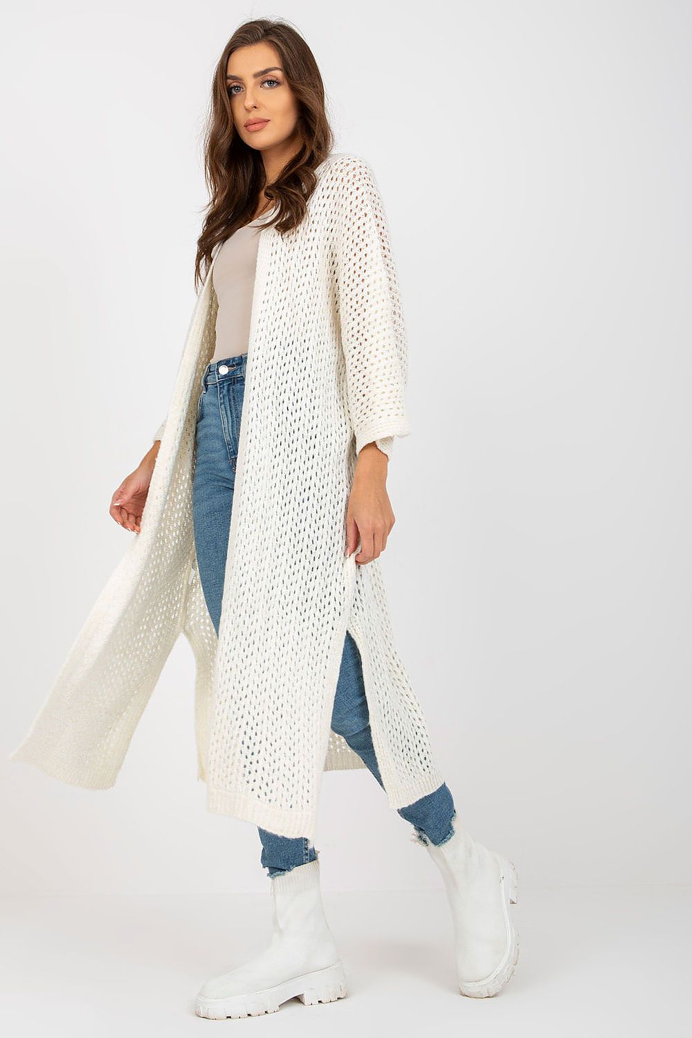 Elegant Openwork Long Sleeve Cardigan by Och Bella, featuring a chic openwork design and paired with stylish jeans and boots for a sophisticated yet cozy look.