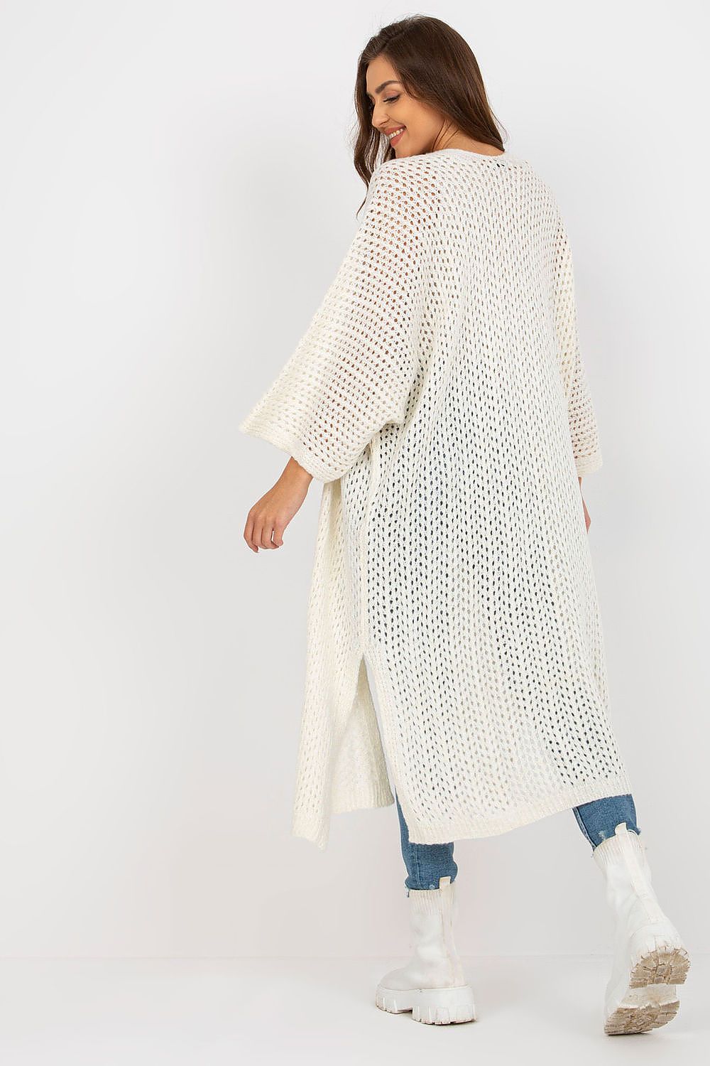 Elegant Openwork Long Sleeve Cardigan by Och Bella in white, showcased from the back, emphasizing the intricate openwork pattern and the stylish flowing silhouette.
