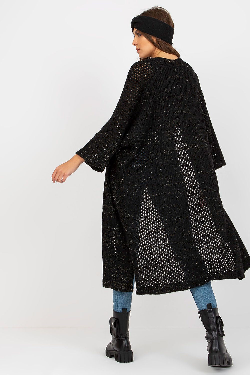 Chic view of the Elegant Openwork Long Sleeve Cardigan by Och Bella in black, featuring a stylish back perspective that reveals the unique openwork detailing.