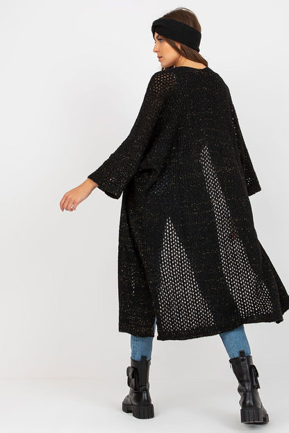Chic view of the Elegant Openwork Long Sleeve Cardigan by Och Bella in black, featuring a stylish back perspective that reveals the unique openwork detailing.