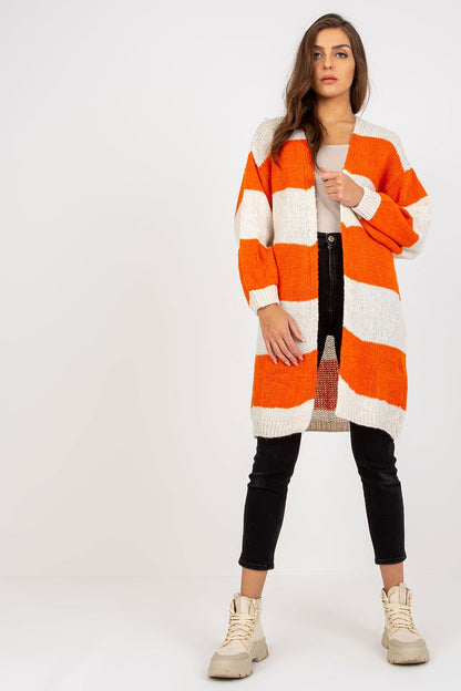 Och Bella Long Sleeve Cardigan with Colourful Stripes displayed on a model, showcasing vibrant orange and cream stripes in a relaxed silhouette, ideal for a sophisticated look.