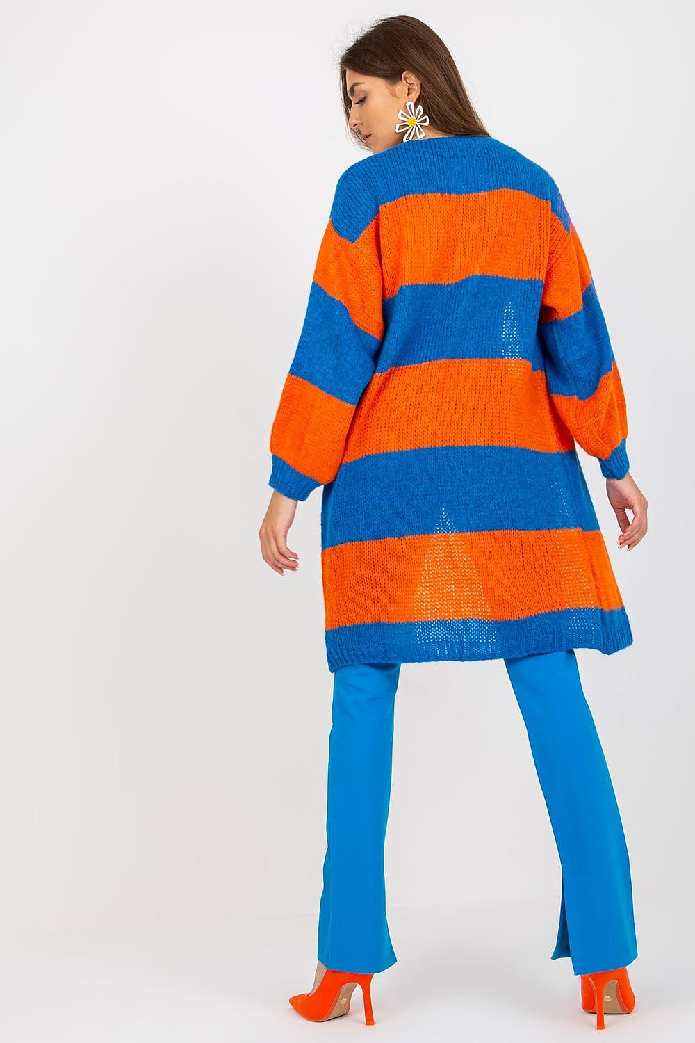 Och Bella Long Sleeve Cardigan with Colourful Stripes - Stylish, Loose Fit, EU Size 0. Rear view of model wearing the striking blue and orange striped cardigan paired with chic, colourful trousers.