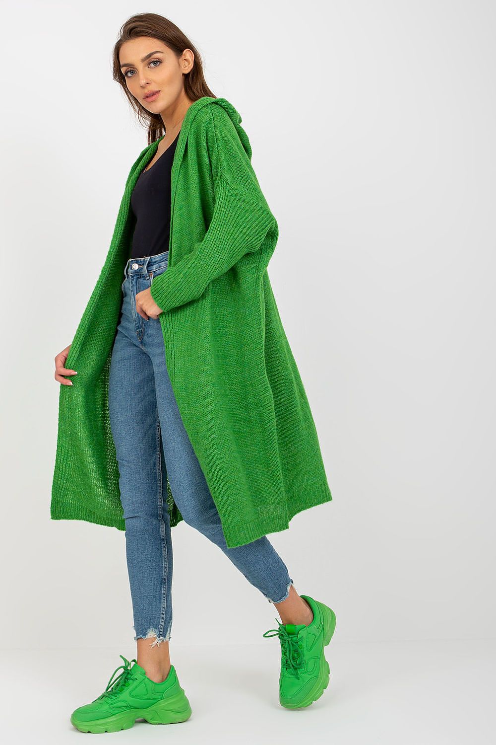 Luxury Hooded Cardigan by Och Bella featuring a vibrant green hue, long sleeves, and a stylish relaxed fit, perfect for sophisticated comfort.