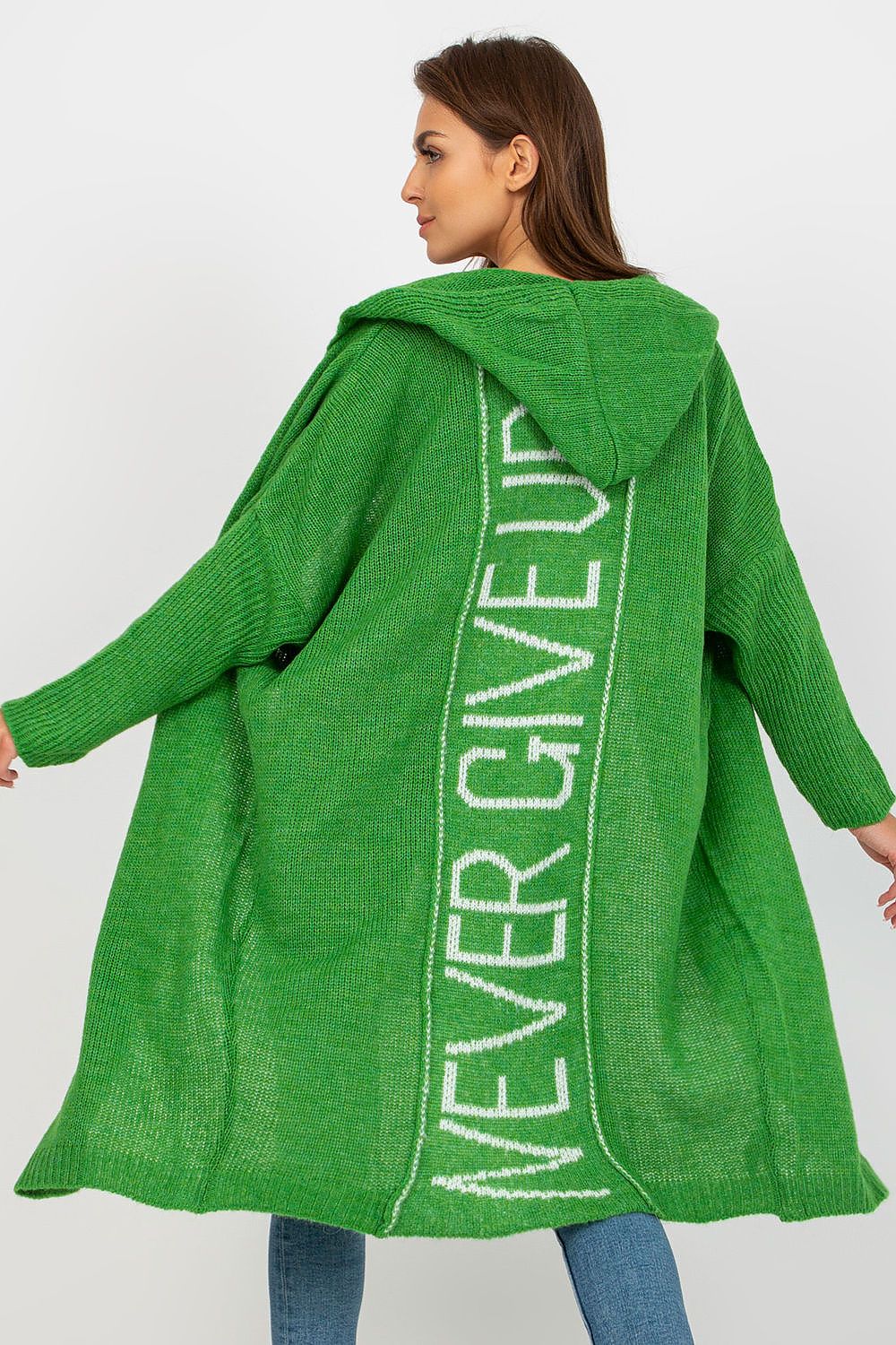 Luxury Hooded Cardigan by Och Bella showcasing a decorative inscription 'NEVER GIVE UP' on the back, exuding style and comfort.