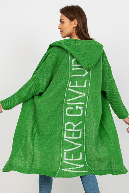 Luxury Hooded Cardigan by Och Bella showcasing a decorative inscription 'NEVER GIVE UP' on the back, exuding style and comfort.