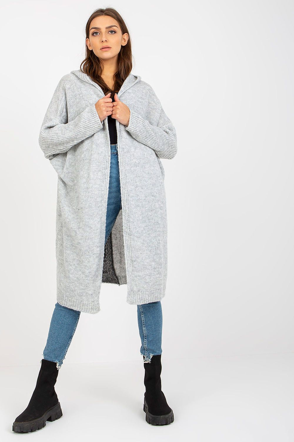 Luxury Hooded Cardigan by Och Bella in elegant grey, designed with long sleeves and a cozy hood, perfect for upscale lounging.