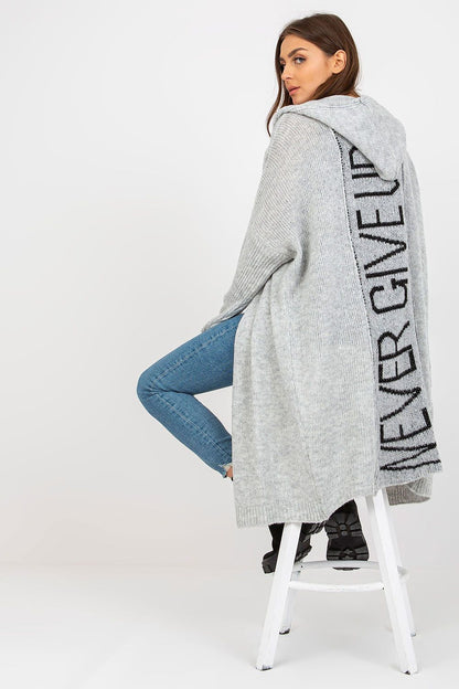 Luxury Hooded Cardigan by Och Bella with a chic back view detailing a striking 'NEVER GIVE UP' motif, ideal for effortless style.