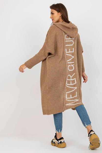 Luxury Hooded Cardigan by Och Bella in a rich brown tone featuring a motivational 'NEVER GIVE UP' inscription, blending comfort with elegance.