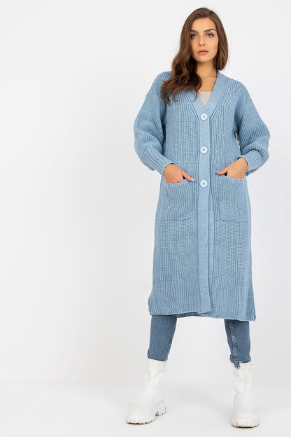 Elegant and stylish long buttoned cardigan with pockets in soft blue, crafted from 70% polyester and 30% wool, exemplifying luxury fashion by Och Bella.
