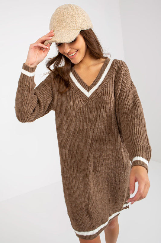 Elegant Rue Paris Knit Dress with Long Sleeves and Heart Neckline showcased on a model wearing a stylish beige cap, perfect for any occasion.