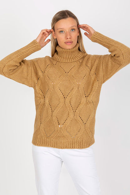 Luxurious Openwork Turtleneck Sweater by Rue Paris featuring a chic design with long sleeves and 100% acrylic fabric, presented in a stunning camel hue.