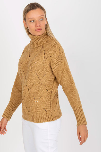 Luxurious Openwork Turtleneck Sweater by Rue Paris showcasing long-sleeved elegance in a warm camel colour, ideal for a sophisticated autumn style.