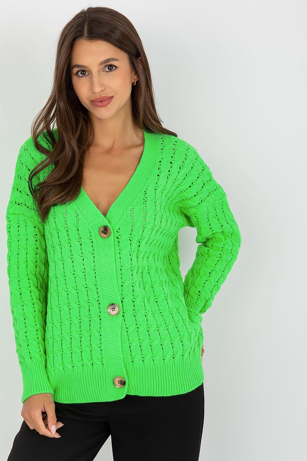 Luxury Women's 100% Acrylic Button-Down Cardigan by Rue Paris - Elegant Long Sleeve Sweater in vibrant green worn by a woman, highlighting a stylish and contemporary look.