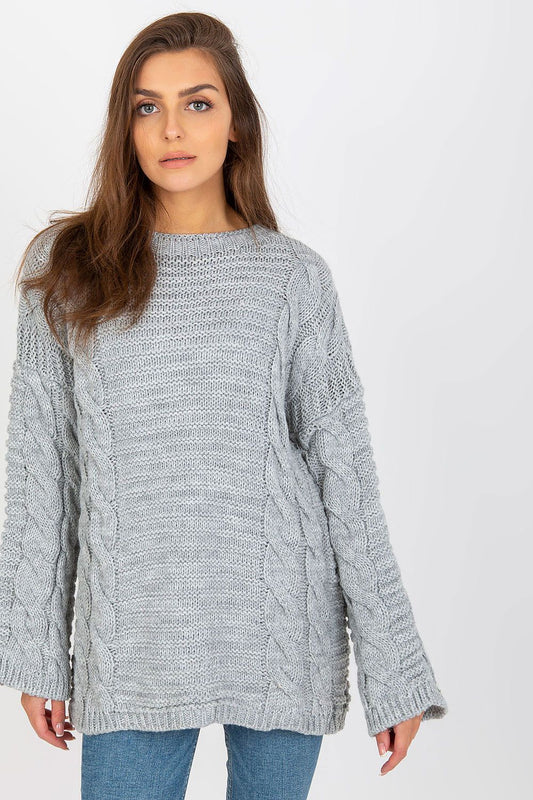 Elegant Extended Cut Women's Jumper With Wide Long Sleeves in grey, made from 70% acrylic and 30% wool, showcased on a model against a neutral background.