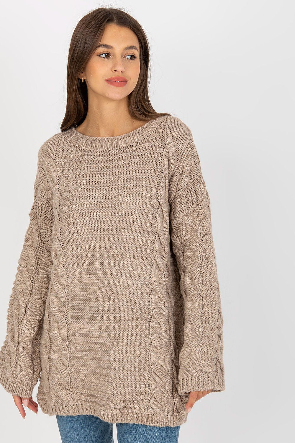 Extended Cut Women's Jumper With Wide Long Sleeves - 70% Acrylic 30% Wool by Rue Paris, showcasing a stylish beige knitted texture with a relaxed fit, perfect for elegant layering.