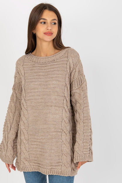 Extended Cut Women's Jumper With Wide Long Sleeves - 70% Acrylic 30% Wool by Rue Paris, showcasing a stylish beige knitted texture with a relaxed fit, perfect for elegant layering.