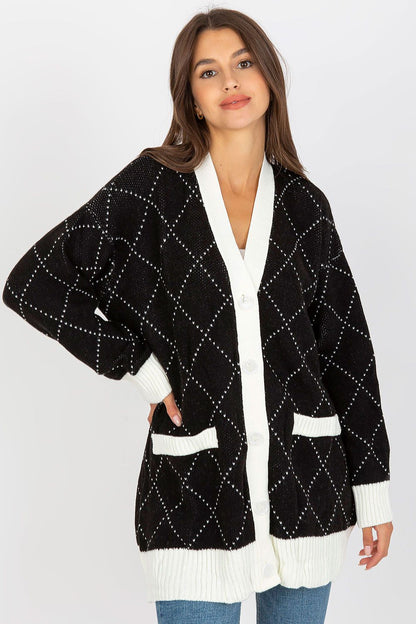 Elegant Women's Long Sleeve Buttoned Cardigan With Imitation Pockets - Rue Paris, featuring a classic black and white diamond pattern, styled beautifully with a relaxed fit and contemporary design.