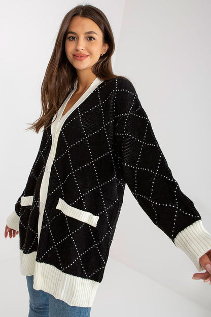 Elegant Women's Long Sleeve Buttoned Cardigan With Imitation Pockets - Rue Paris, showcasing a flattering black and white diamond design, ideal for sophisticated layering in chic settings.