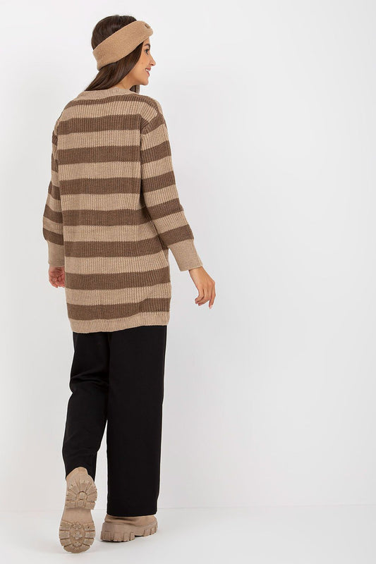 Back view of the Luxury Women's Loose-Fit Sweater by Rue Paris, showcasing its long sleeves and elegant striped pattern.