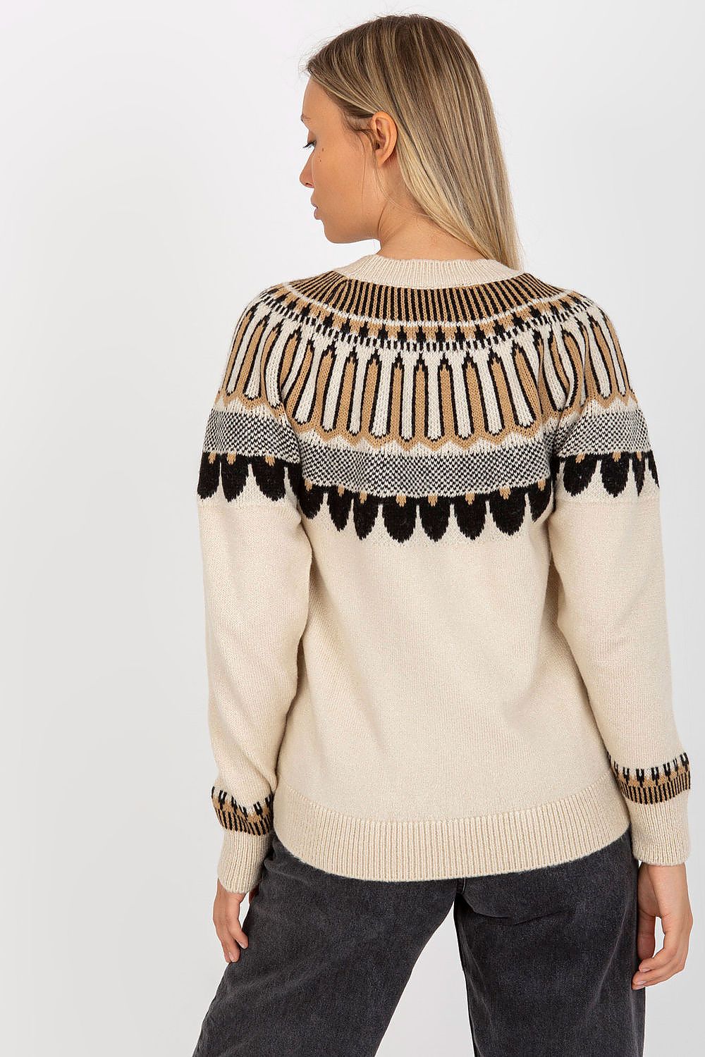 Luxury Women's Stand-Up Collar Sweater with Decorative Pattern by Rue Paris, showcasing an elegant design with intricate patterns on a soft cream background, perfect for adding sophistication to any outfit. Size EU 0.
