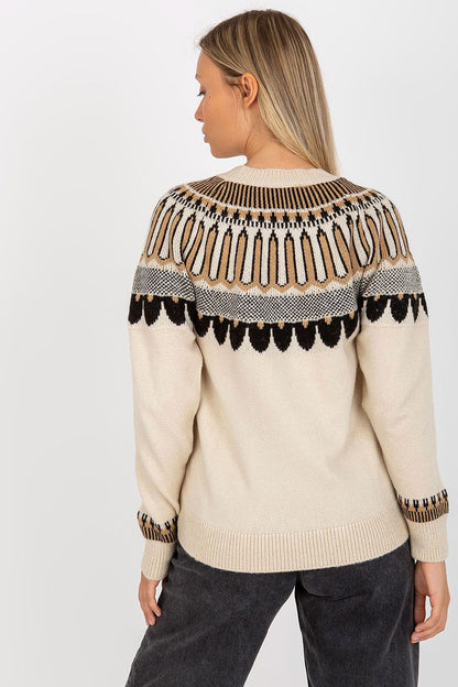 Luxury Women's Stand-Up Collar Sweater with Decorative Pattern by Rue Paris, showcasing an elegant design with intricate patterns on a soft cream background, perfect for adding sophistication to any outfit. Size EU 0.