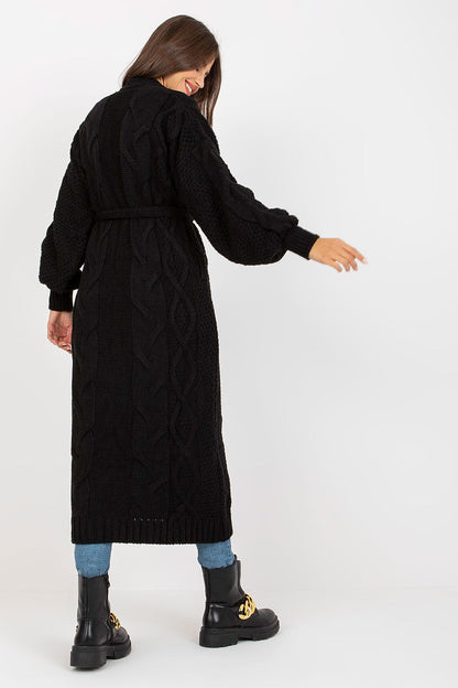 Luxury Long Sleeve Cardigan with Tie Belt by Rue Paris, back view in black, highlighting the intricate knit pattern and elegant belted silhouette, perfect for a stylish look.