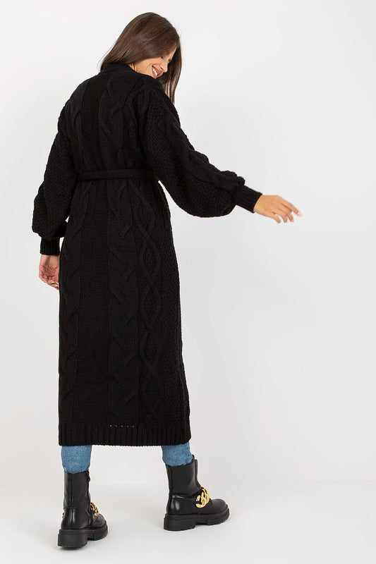 Luxury Long Sleeve Cardigan with Tie Belt by Rue Paris, back view in black, highlighting the intricate knit pattern and elegant belted silhouette, perfect for a stylish look.