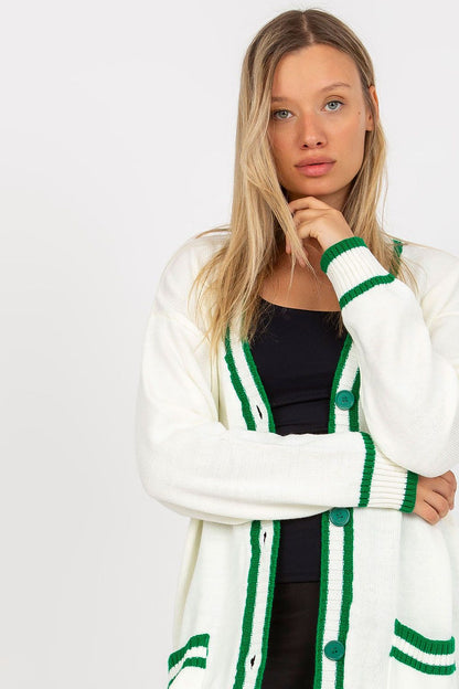 Luxury Long-Sleeved Acrylic Cardigan With Button Closure And Contrast Trim by Rue Paris, styled in pristine white with green accents, exuding elegance and sophistication, perfect for any occasion.
