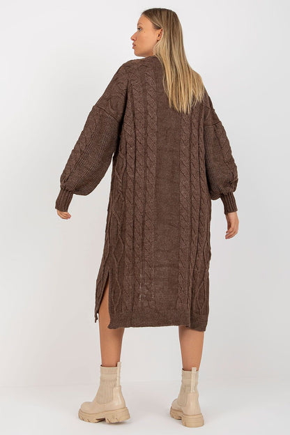 Luxury Long Sleeve No-Fastening Cardigan With Large Pockets by Rue Paris, shown from the back on a model, highlighting the beautiful textured knit and relaxed fit.