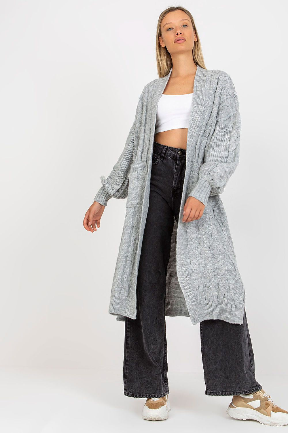 Luxury Long Sleeve No-Fastening Cardigan With Large Pockets by Rue Paris, worn by a model in a front view, featuring a chic grey shade and stylish cable knit detail.