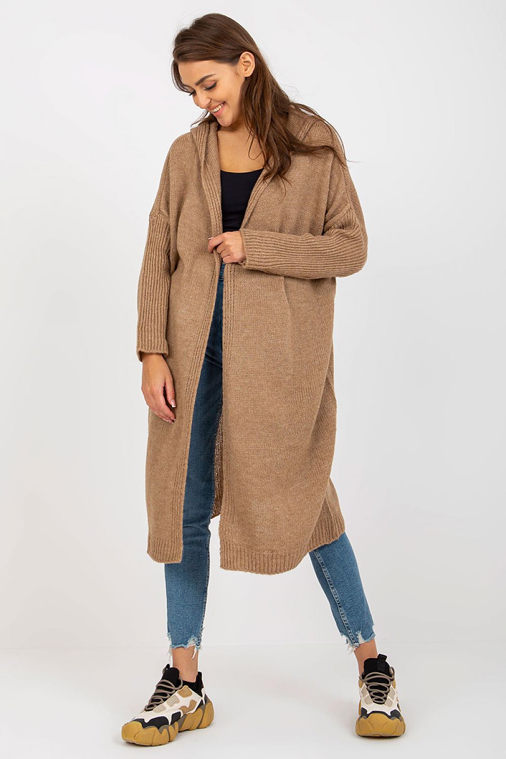 Luxury Hooded Cardigan by Och Bella, featuring long sleeves and a stylish unbuttoned design, beautifully showcasing a decorative inscription on the back, ideal for stylish comfort.