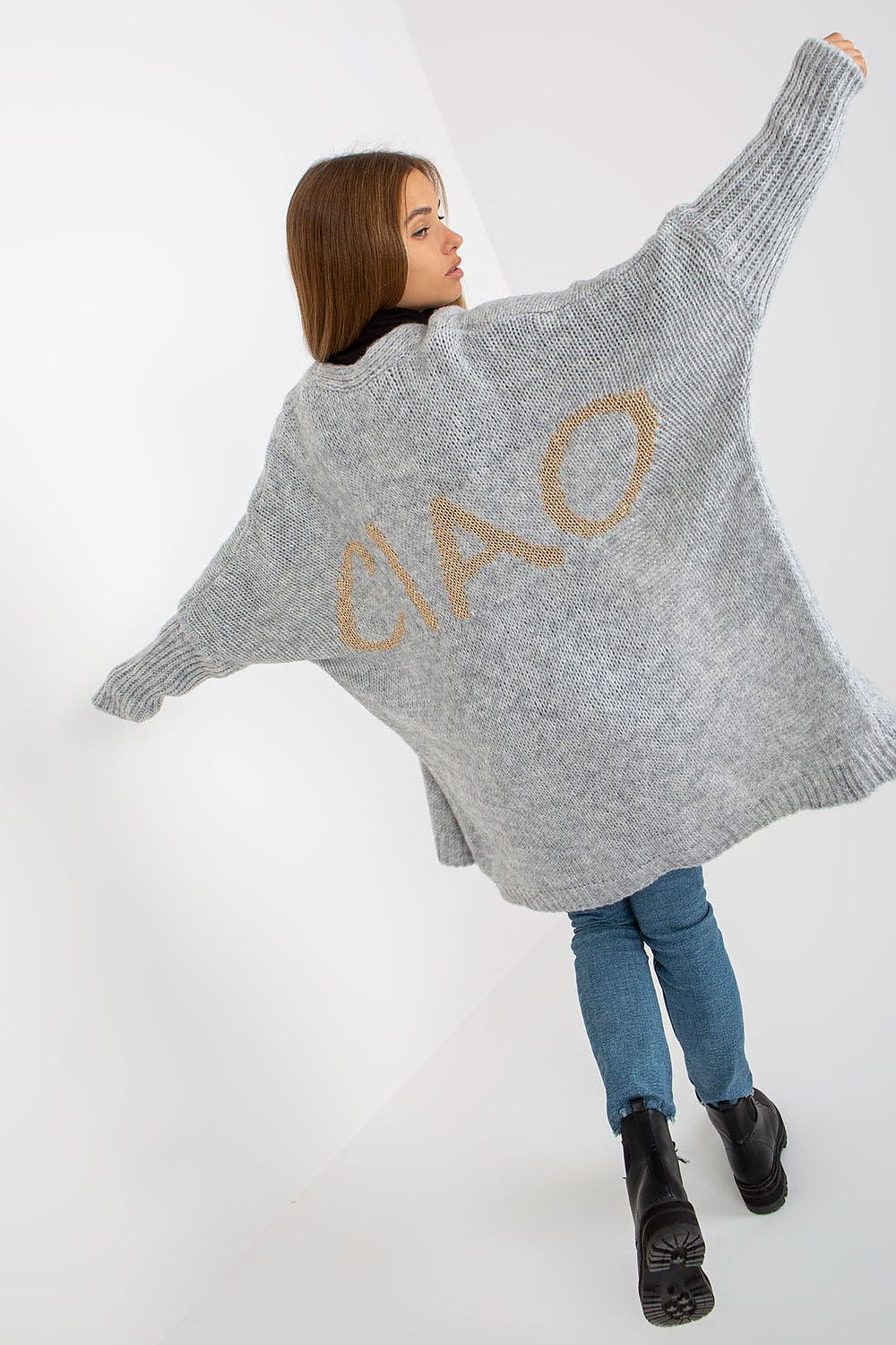Och Bella Unbuttoned Cardigan with Long Wide Sleeves and Contrasting Lettering, featuring a dramatic back view showcasing the 'CIAO' lettering in contrasting tones, epitomizing contemporary chic in a light grey colour.
