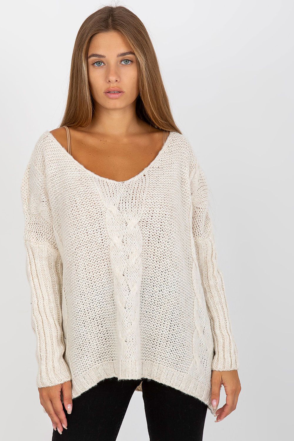 Elegant Women's Heart Neckline Sweater by Och Bella in a soft cream colour, featuring a relaxed fit and chunky knit design, perfect for luxury casual wear.