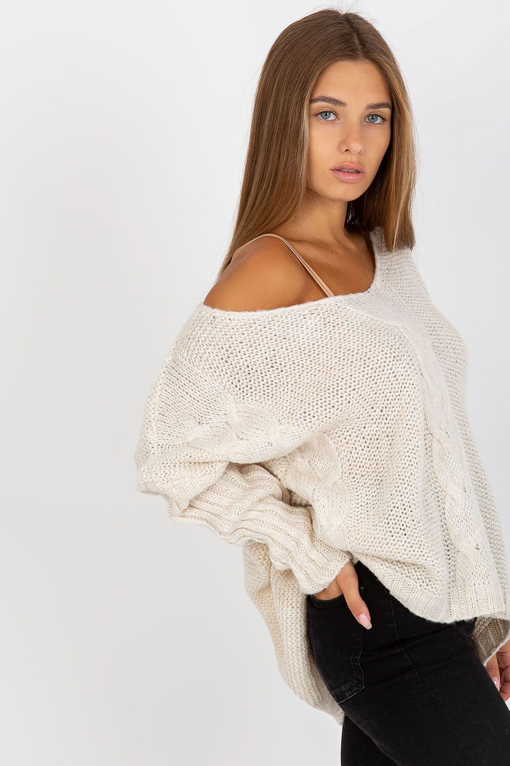 Elegant Women's Heart Neckline Sweater by Och Bella, draping elegantly in cream, highlighting a sophisticated yet comfortable design suitable for any stylish occasion.