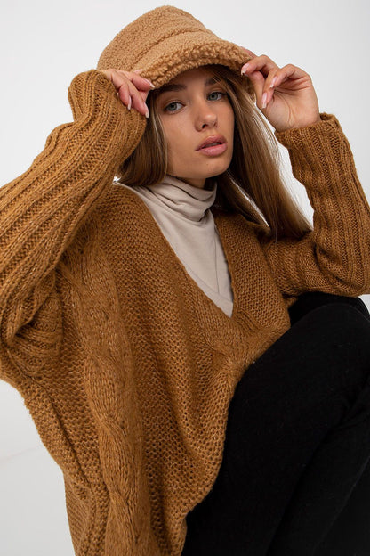 Elegant Women's Heart Neckline Sweater by Och Bella, showcasing a chic and relaxed look, complemented with a stylish hat.