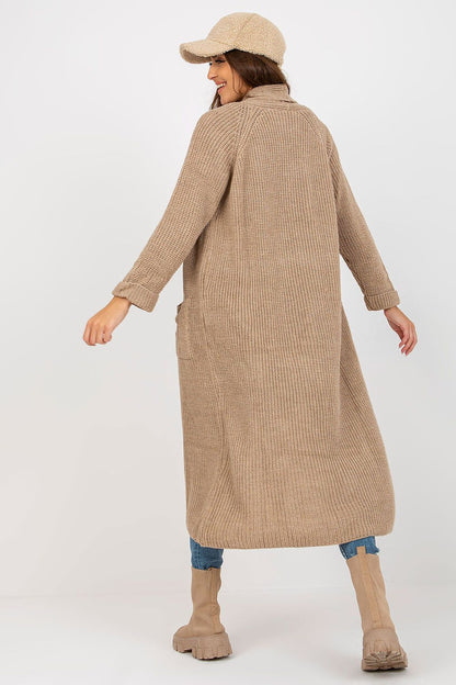 Elegant Long Unbuttoned Cardigan by Och Bella, featuring a model from the back highlighting the cardigan's graceful flow and premium materials, made with 70% Acrylic and 30% Wool.