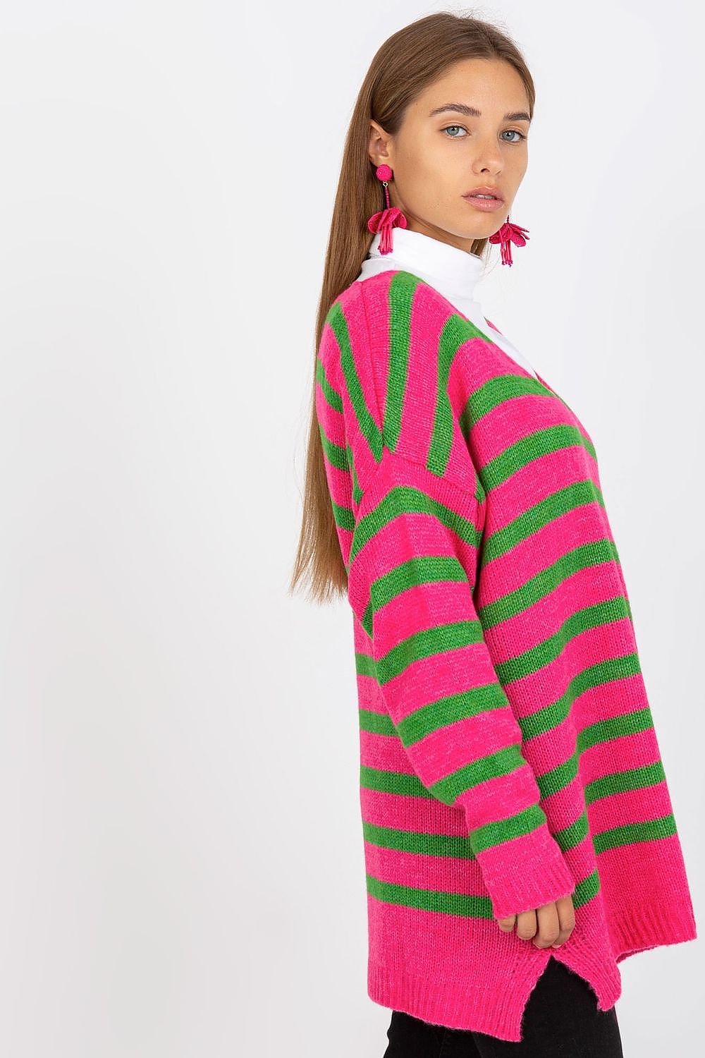 Side view of the Och Bella Women's Colourful Striped Sweater with Long Sleeves and V-Neck Design, displaying the vibrant pink and green stripes as accented by stylish accessories.