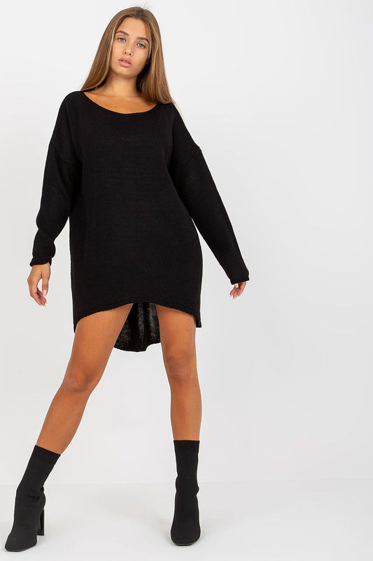Luxury Women’s Asymmetrical Cut Sweater by Och Bella, in a classic black hue, exhibited by a confident model in a stylish pose highlighting the unique asymmetrical design.