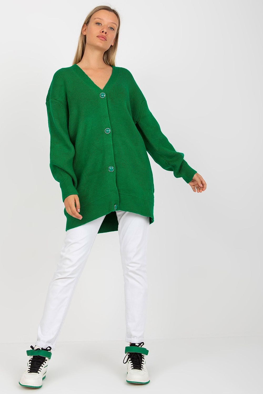 Elegant Extended Cut Cardigan by Rue Paris, displayed in a striking green hue with button closure and long sleeves, exemplifying luxury and style for sophisticated attire.