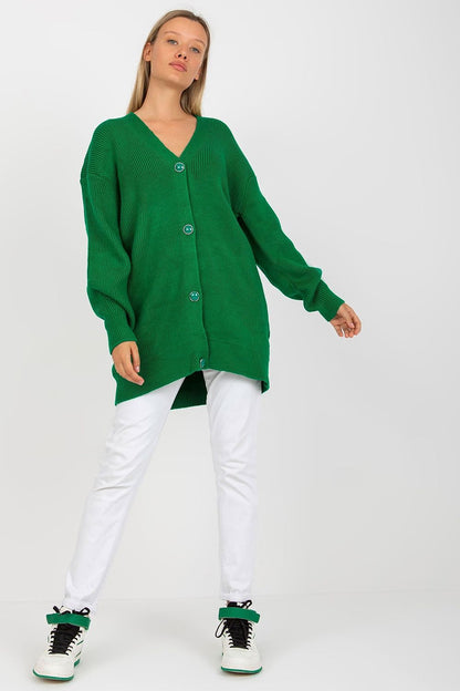 Elegant Extended Cut Cardigan by Rue Paris, displayed in a striking green hue with button closure and long sleeves, exemplifying luxury and style for sophisticated attire.