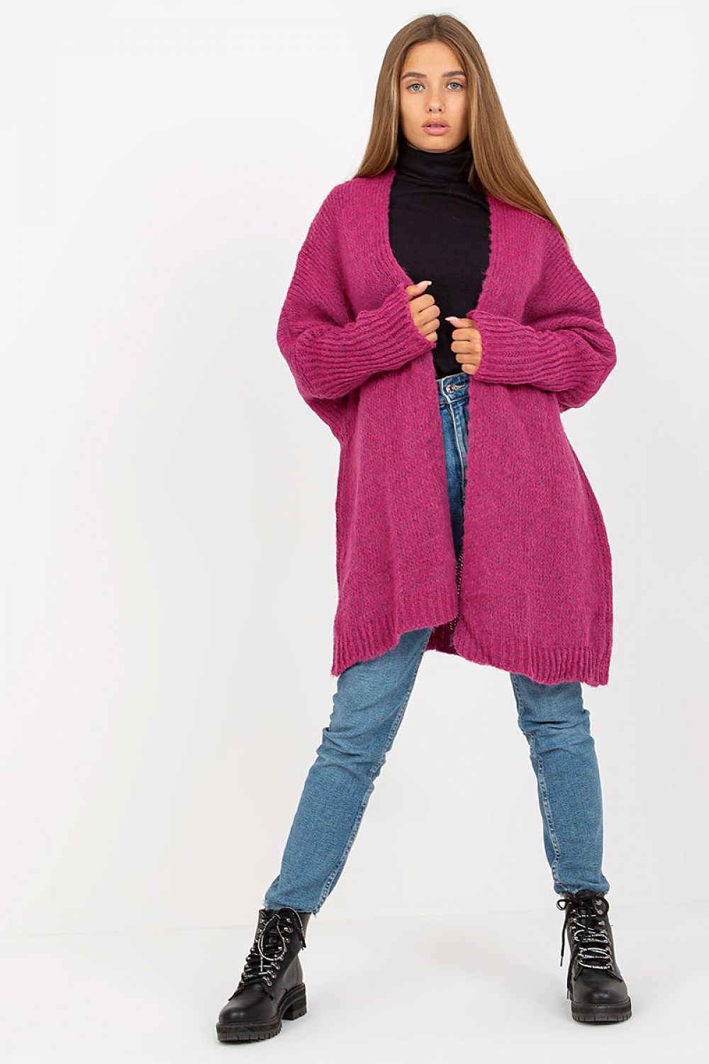 Och Bella Unbuttoned Cardigan with Long Wide Sleeves and Contrasting Lettering, elegantly presented in vibrant pink, featuring casual layering over a black top, delivering a sumptuous and stylish aesthetic.