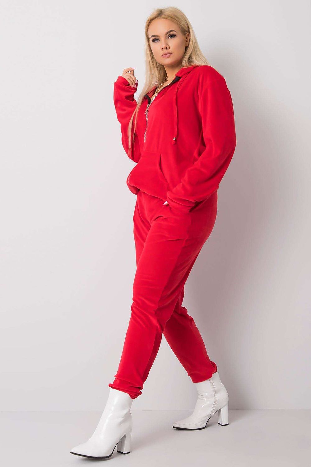 Luxurious Plus Size Velour Set: Zip-Up Hoodie and Tie-Waist Pants displayed in vibrant red, showcasing the ultimate comfort and style for curvy figures.