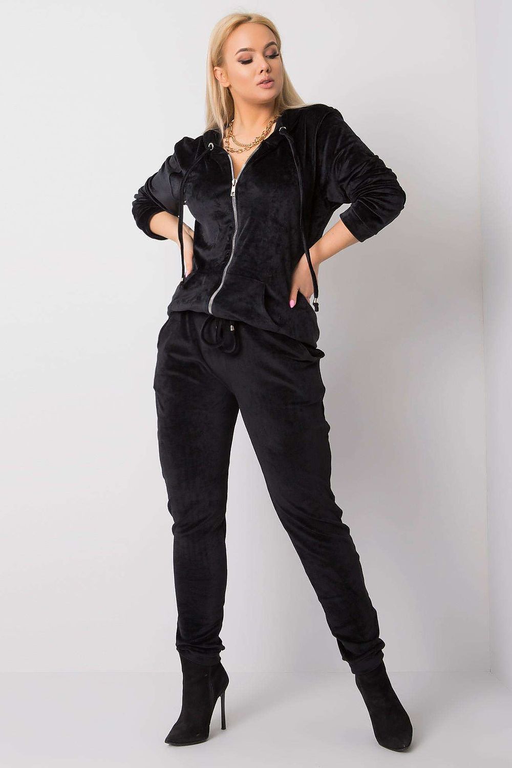 Luxurious Plus Size Velour Set: Zip-Up Hoodie and Tie-Waist Pants in classic black, perfect for chic and comfortable lounging.